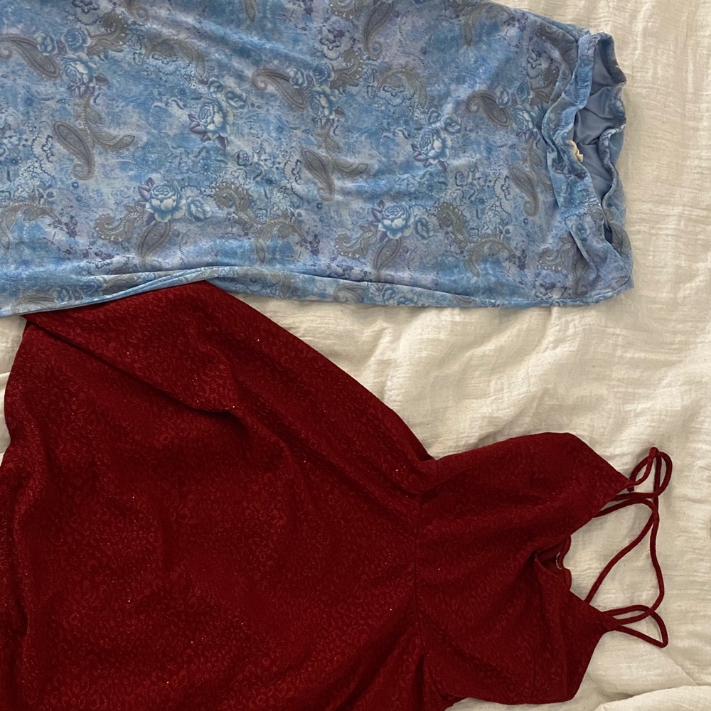 Red Sleeveless Dress and Blue Paisley Skirt